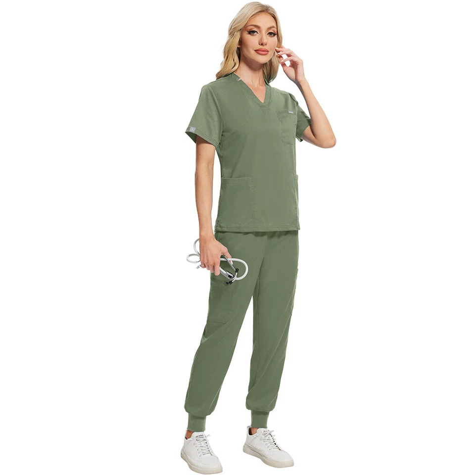 Stretch Nursing Medical Scrub Uniform Set Men Women V-Neck Jogger Workware Suit - Image 2 of 4