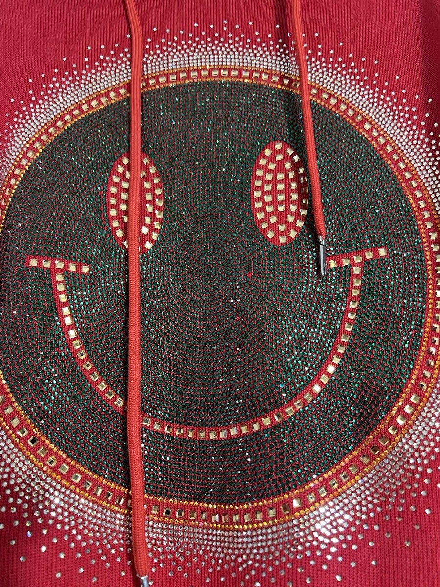 Rhinestone Sequin Happy Smiley Face Hoodie Red Black One Size M/L