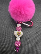 Handcrafted Pink Elegant Rhinestone Heart Bead Key Chain With Fluff Ball