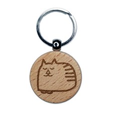 Cat Sleeping Doodle Engraved Wood Round Keychain Tag Charm