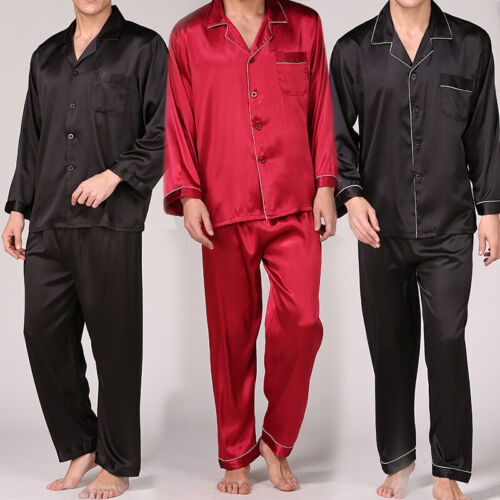 Mens Pajama Set Faux Silk Sleepwear Soft Cozy Satin Nightgown Long Sleeve - Picture 1 of 15