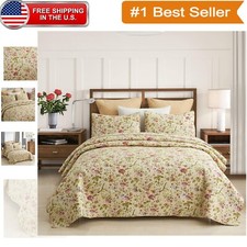 Queen Size 3-Piece Beige Floral Quilt Set with 2 Pillow Shams - Soft  Stylish
