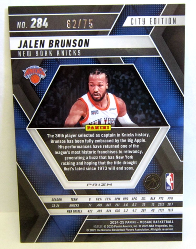 Jalen Brunson 2024-25 Mosaic Blue Fluorescent Prizm Refractor#62/75!Knicks G - Picture 2 of 3