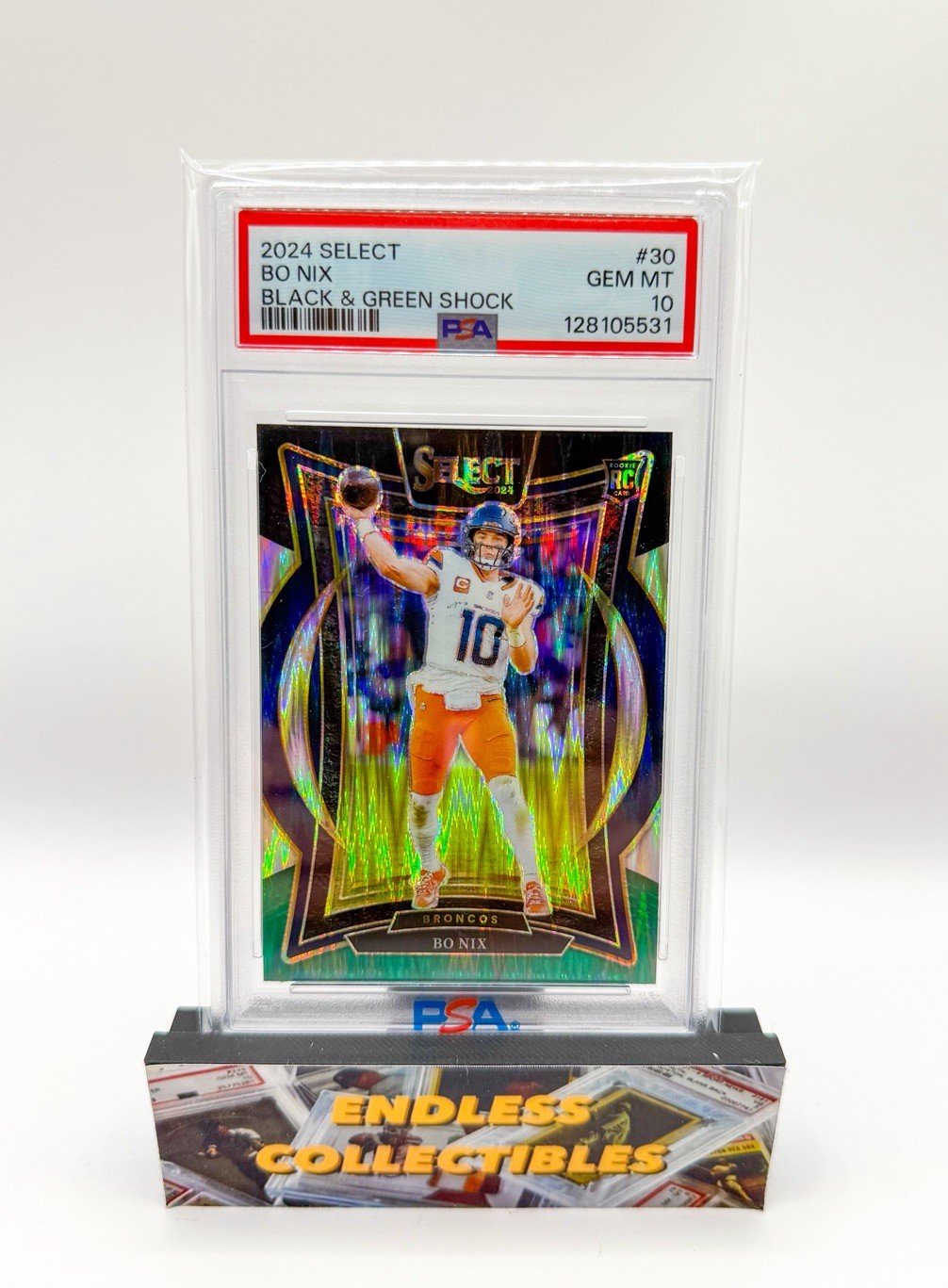 Bo Nix 2024 Panini Select #30 Black and Green Shock RC ROOKIE PSA 10