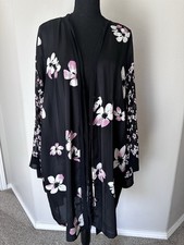 Oscar de la Renta Pink Label Floral Kimono Robe Sheer Black L/XL Lightweight