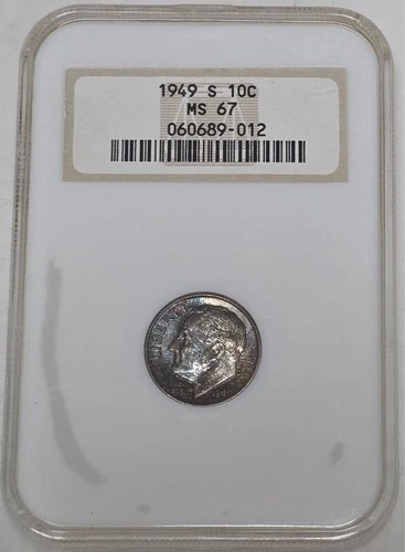1949-S Roosevelt Silver Dime NGC MS67 Monster Rainbow Toning Old Fatty Holder