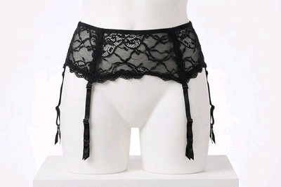 Woman's Lormar Italian Black Floral Lace Garter Belt - Size L Elegant Lingerie 