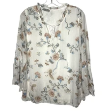 Angela Moda Italy Silk Blouse Top Bell-Sleeve White Floral Print Size Medium
