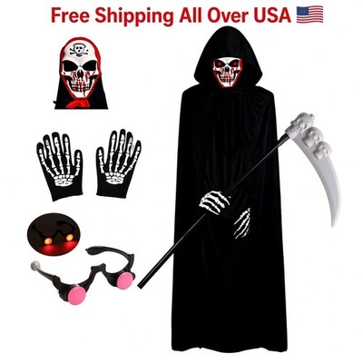 New Halloween Grim Reaper Costume for Kids, Glowing Red Eyes Mask Gloves, Fast 