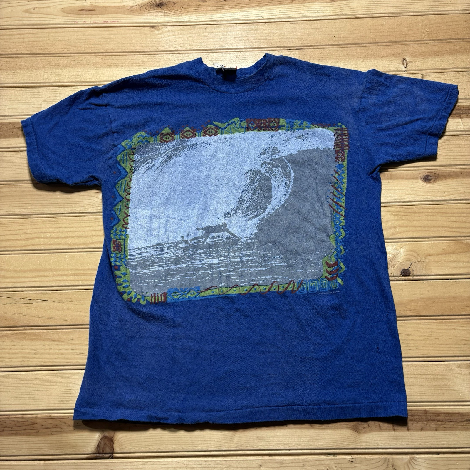 Vintage 80s Hawaiian Surf Waves Photography Art Surfing Shirt Size M USA
