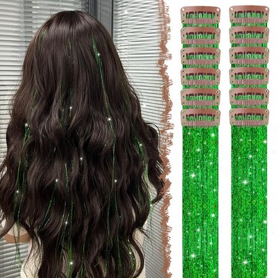 FESHFEN Clip in Hair Tinsel - 12 PCS Green ins 20 Inch, 12 