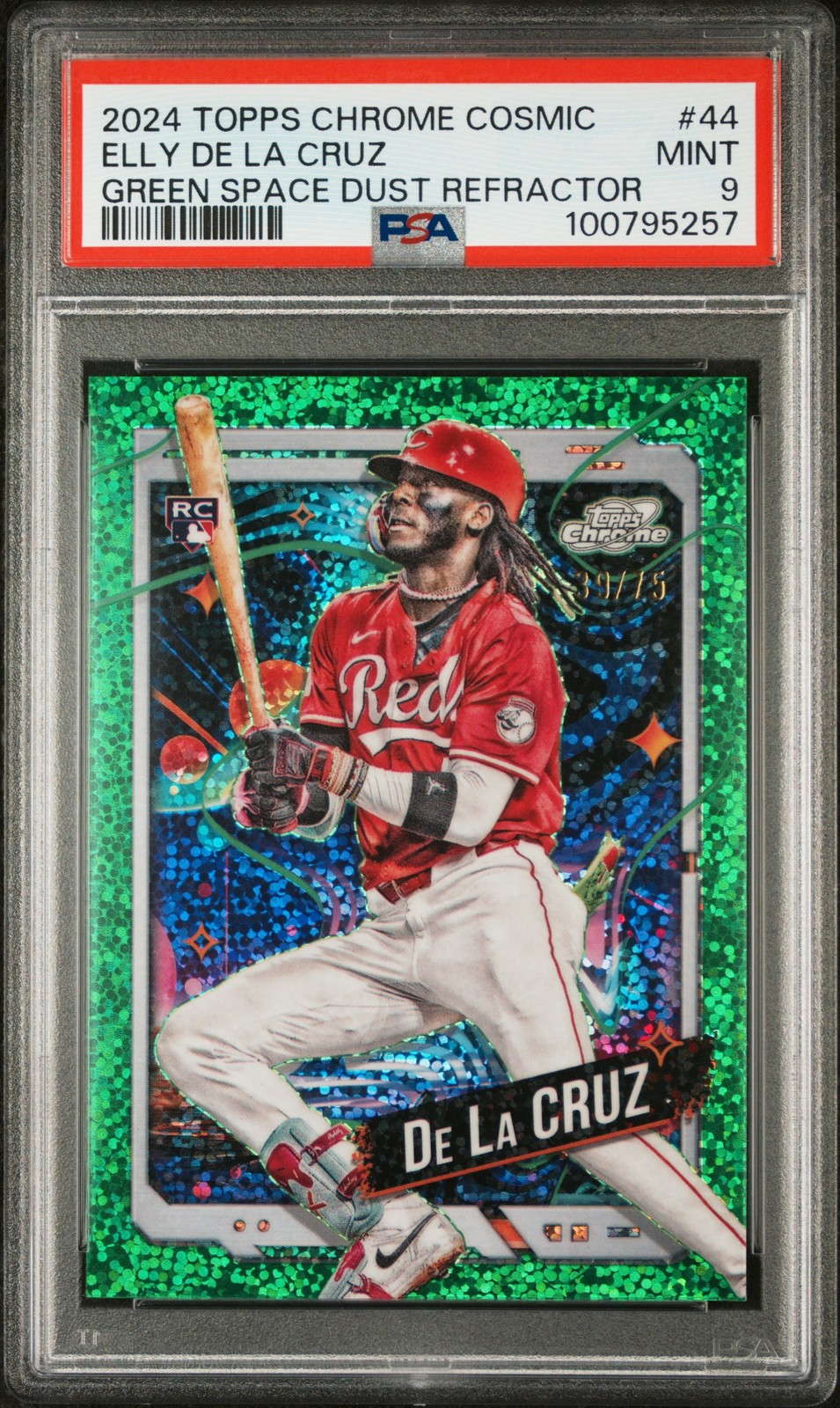 2024 TOPPS CHROME COSMIC GREEN SPACE DUST REFRACTOR ELLY DE LA CRUZ 39/75 PSA 9