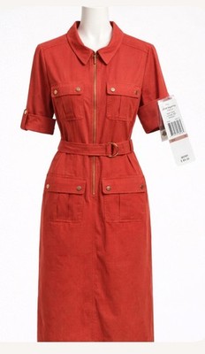  Sharagano Women's Size 12 Safari Shirt Dress Autumn Red Stretch Belted Zip