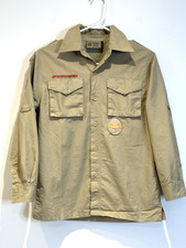 Boy Scouts Of America Youth Large L Tan Long Sleeve Shirt Sewed Patches