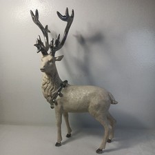 Large White Majestic Christmas Reindeer 16.5"x9" Silver Bells Antlers Resin