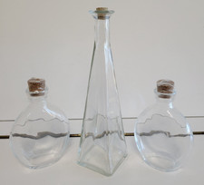 3 CLEAR GLASS DECORATIVE BOTTLES WITH CORKS 1 SQUARE 2 SLIM ROUND