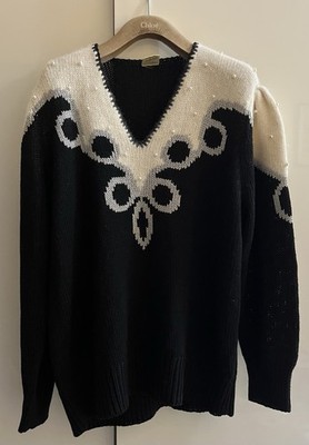 Damen Pullover Größe UK 14 EU 42 schwarz-weiß V-Ausschnitt Wollmix Pulli Brustweite 44''