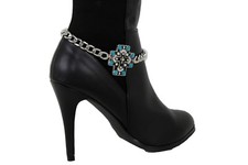 Women Silver Metal Chains Boot Bracelet Western Shoe Big Bold Cross Charm Rodeo
