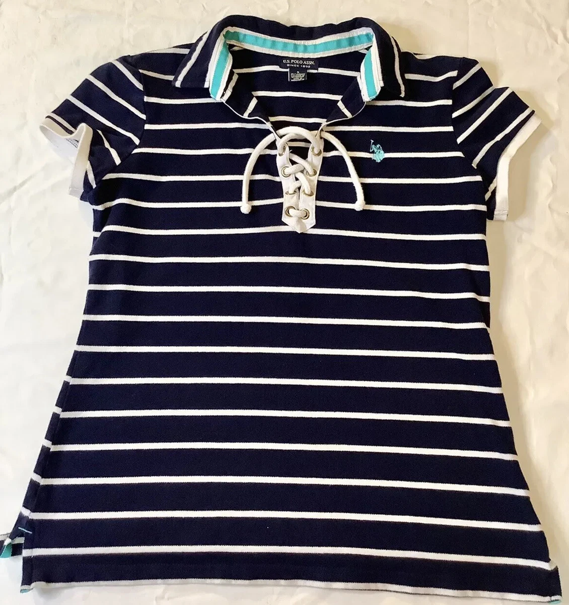U.S Polo Assn Womens Lace Up Collar Polo Shirt Size S Navy Striped Short Sleeve