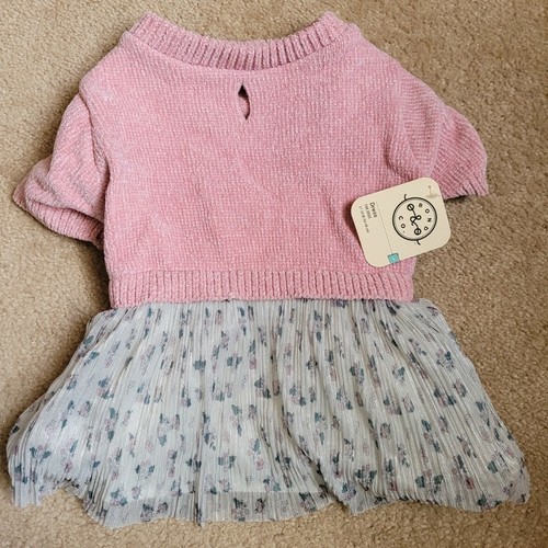 BOND & CO.DOG DRESS PINK sweater chenille floral skirt/underskirt L 17-19" NWT