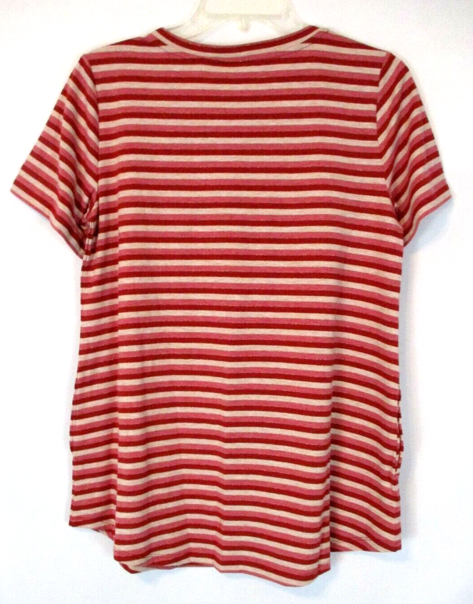 LOGO Lori Goldstein Metallic Stripe Shirt Sz S Red Pull Over