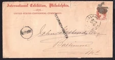 INT'L EXHIBITION PHILA 1876 CENTENNIAL Cover - 1st OFFICIAL US WORLD'S  FAIR !!