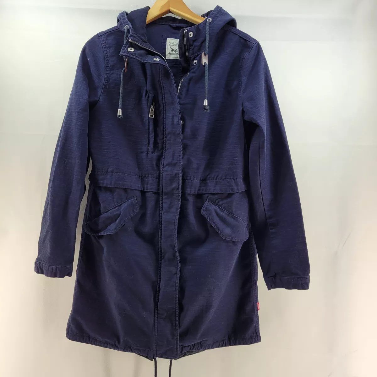 Levis Womens Slub Cotton Hooded Fishtail Parka Jacket Navy Blue Size | eBay