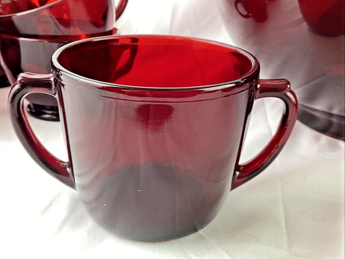 Ruby Red Vintage Glass Punch Bowl Set with 16 Cups + Double Handle Cup MCM - Picture 11 of 19