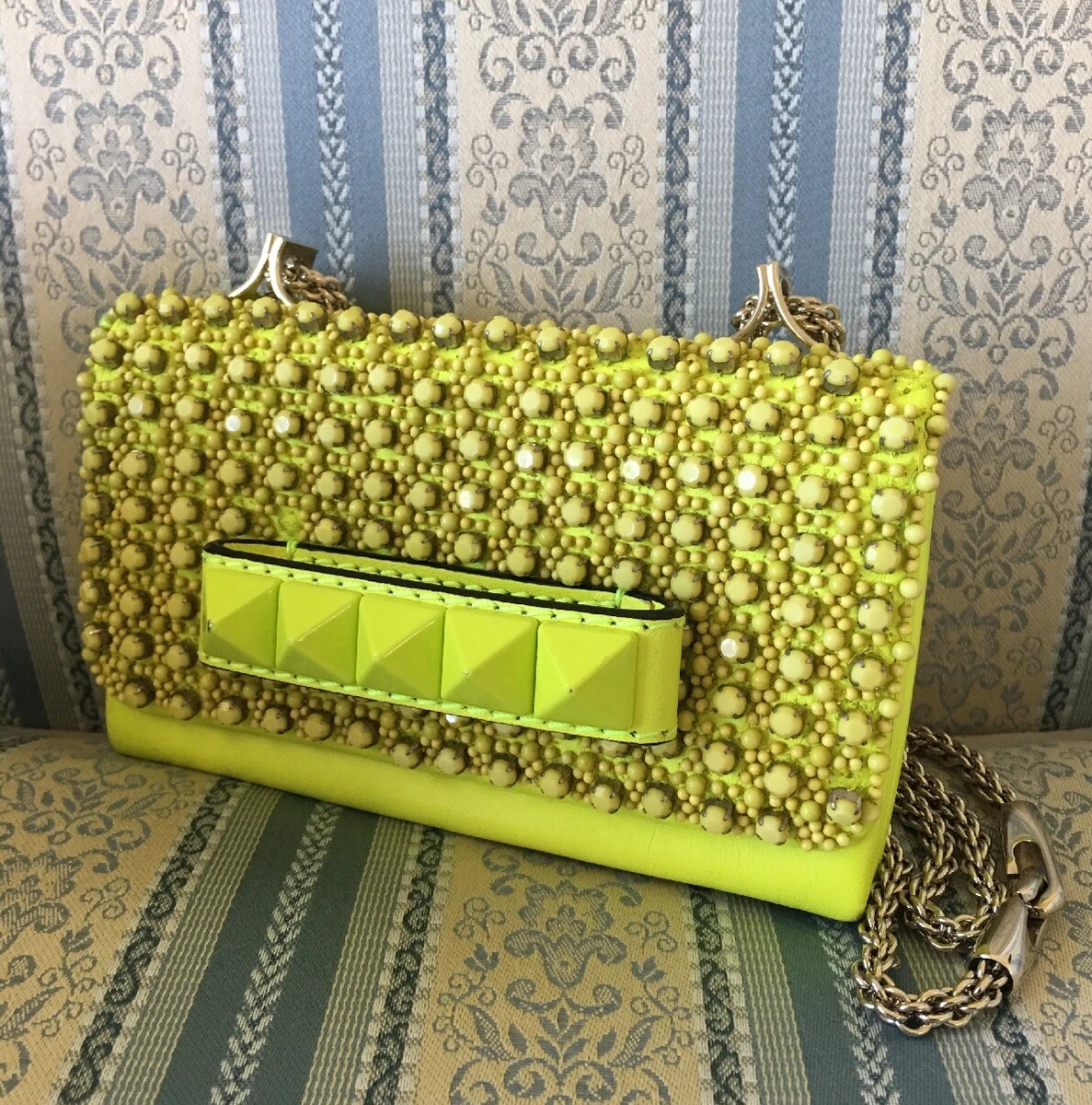 Valentino Garavani Neon Yellow Va Va Voom Embellished Beads Crystal Clutch eBay