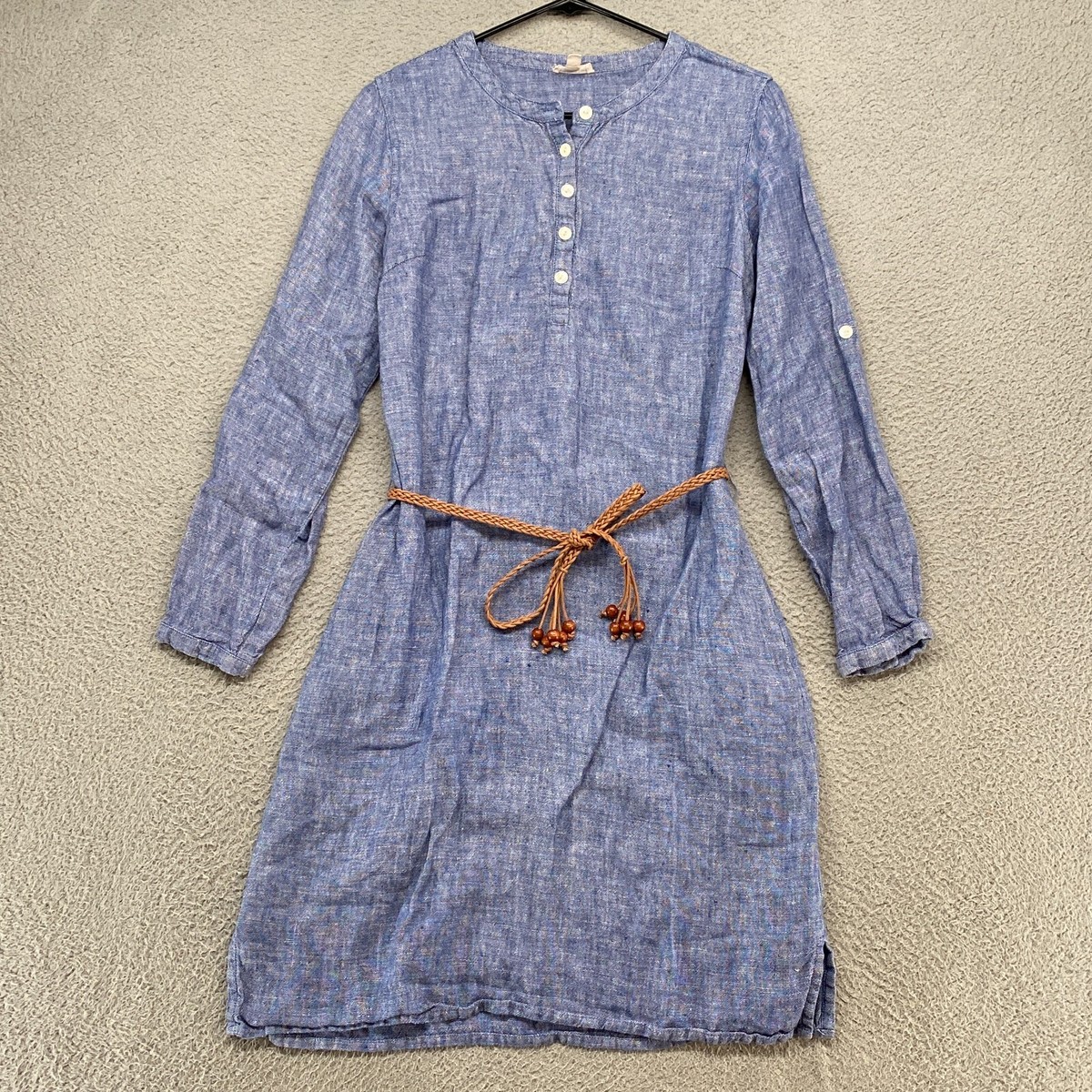 Garnet Hill Shirt Dress Womens 4 Linen Belted Relaxed Chambray Knee Length  Blue | eBay