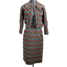 Vintage 60s Handmade Boucle Suit XXS Cropped Jacket Skirt Green Red Black