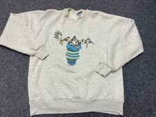 Vintage 90s Cat Art Graphic Crewneck Sweatshirt Size L Made In USA