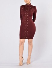 Burgundy Midi Fitted Mock Neck Dress, Only Worn Once