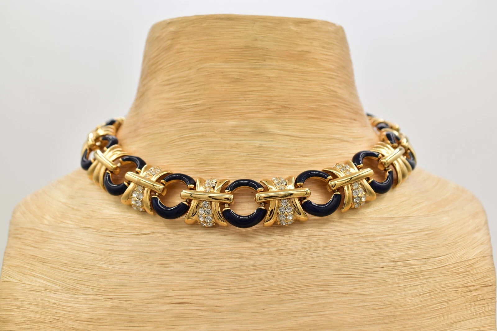 Givenchy Collana Vintage Cristallo Collare 16" Catena Oro Navy Firmata Anni 80 BinBN