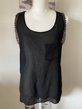 Guess Women Black Sleeveless Top  Tunic Button Down Gold  Sheer Pocket Size M