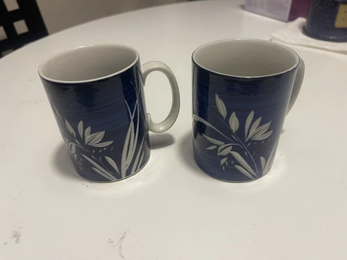 Vintage Blue White Asian Inspired Coffee Cup Incut Etched Flower Design,Lot Of 2