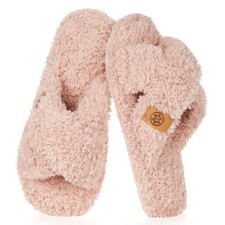 Fuzzy Open Toe Slippers for Women Memory Foam Cozy Cross 9-10, Light Pink