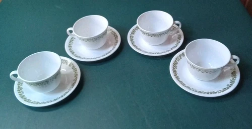 4 VTG Crazy Daisy Spring Blossom Corelle Loop Handle Coffee Tea Cups w/Saucers