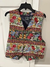 Lizwear Vintage Floral Fruit Print Vest Womens Medium 100% Rayon Colorful Boho