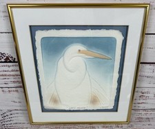 Vintage Wess White Heron Bird Hand Cast Embossed Paper Framed Art Coastal Beach
