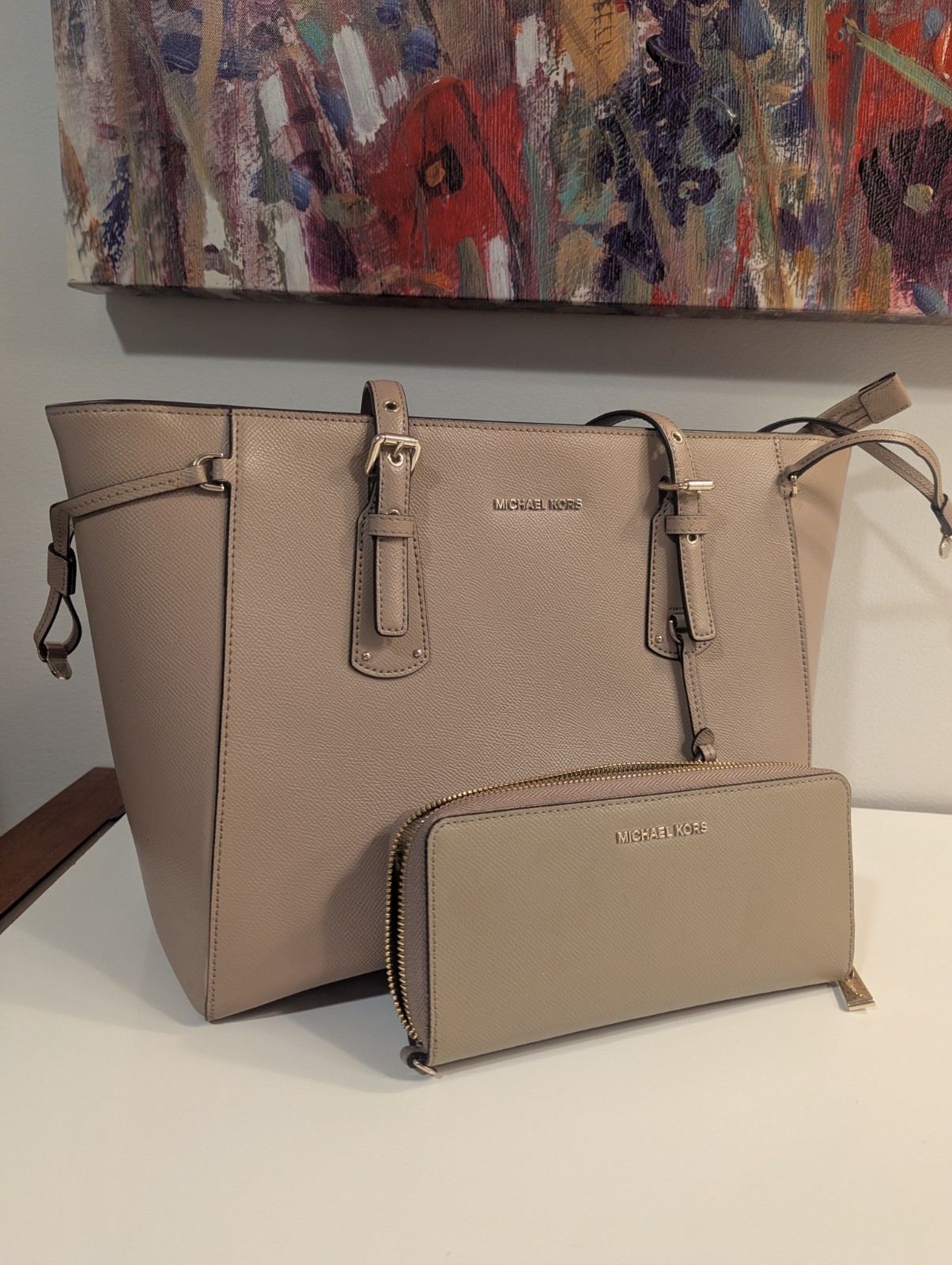 Michael Kors Beige Tote Bag & Wallet Set with Gold Hardware,
