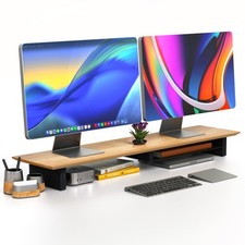 Solid Wood Dual Monitor Stand Riser   43" Oak Desk Shelf for 2 Monitors with ...