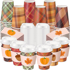 30 Sets Fall 12 Oz Disposable Coffee Cup with Lid and Sleeve
