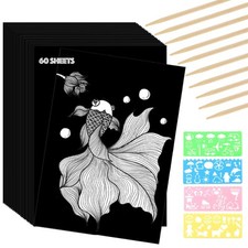 60 Sheets Scratch Paper Art Set, Scratch Off Paper Black Coated Scratchboard ...