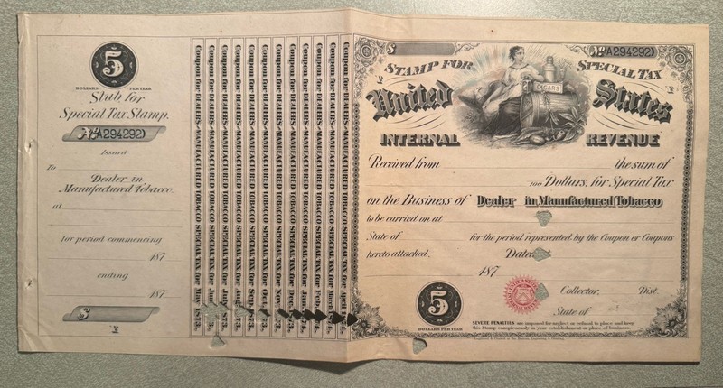 US 1875-1880 Internal Revenue Special Tax Stamp Sheets (5)