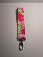 Handmade Pink and green tropical Keychain Wristlet Key Fob Holder Wrist Strap