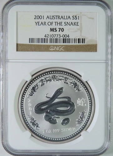 2001 Australia Lunar Year of the Snake 1oz .999 Silver $1 Coin NGC MS70