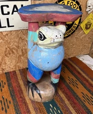Vintage Balinese Frog Statue Plant Stand Side Table Folk Art 15.5” Tall