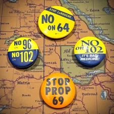 VTG STOP LaRouche No On 64, 69, 96, 102 Political Campaign Pin Buttons Lot of 4