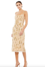 MAC DUGGAL  10770 BEADED SPAGHETTI STRAP NUDE GOLD SLIP MIDI DRESS sz 0